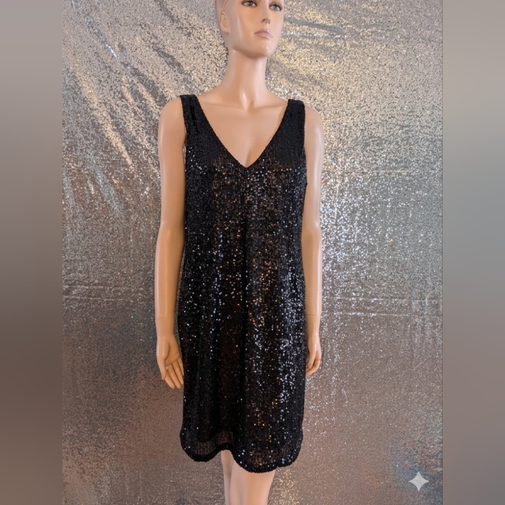 H&M Black Sequin V-Neck Mini Dress | Size L | Sparkly Party Cocktail Dress